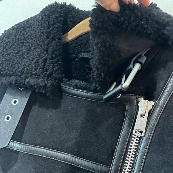 All Saints Rei Jacket Womens Small Black Shearling Sheepskin Lamb Leather Biker - Picture 7 of 16